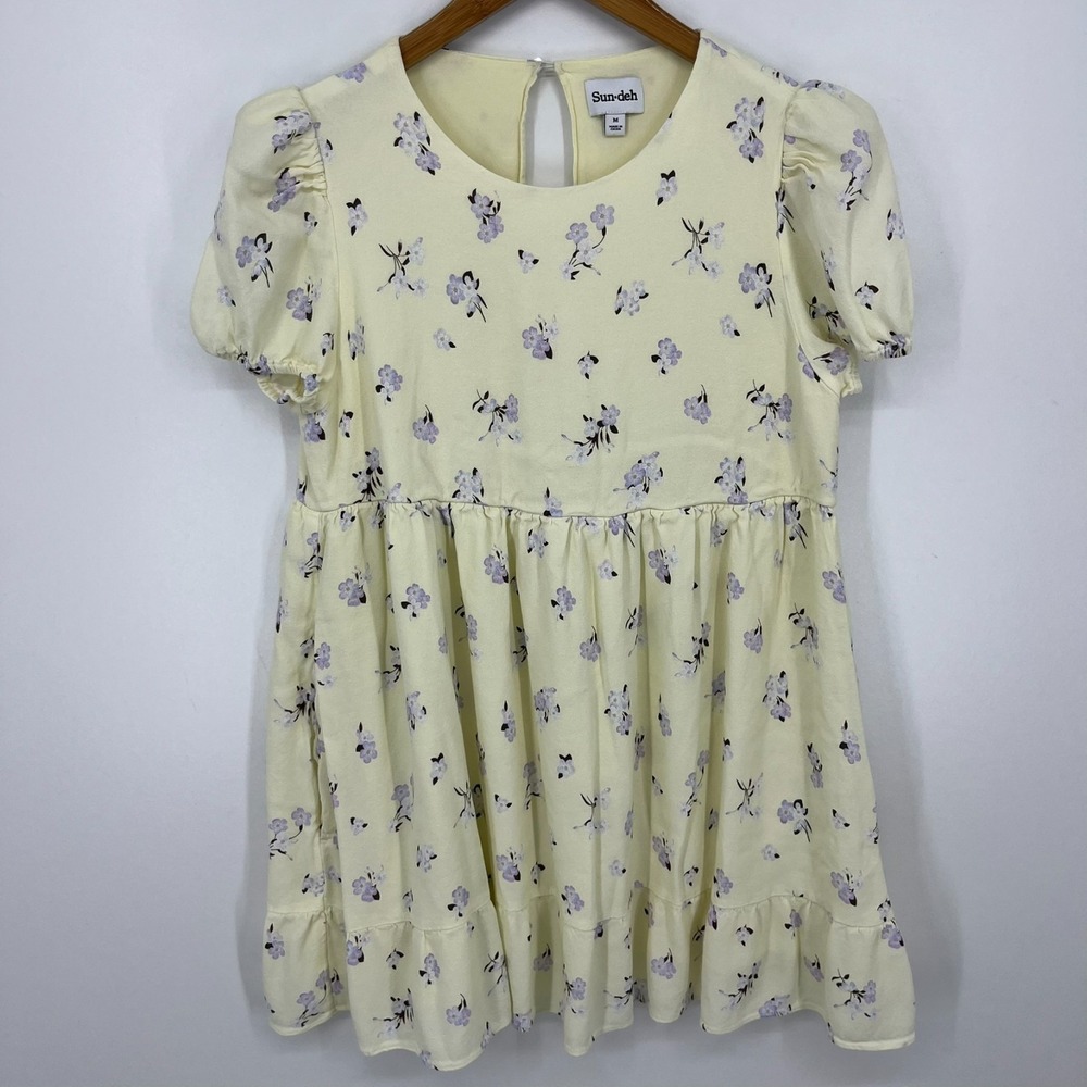 Sunday Best Sun.Deh Babydoll Dress Women's M Yellow Floral Short Sleeve Mini